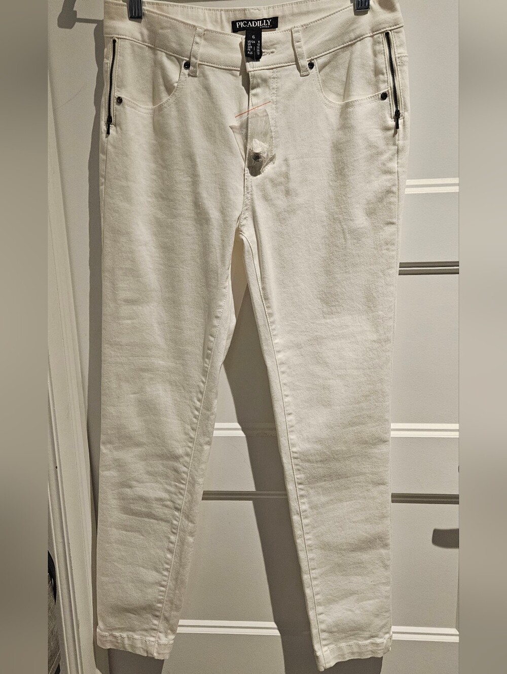 Picadilly Fashion Straight Leg Pants in Cream White with Black Zipper Accents